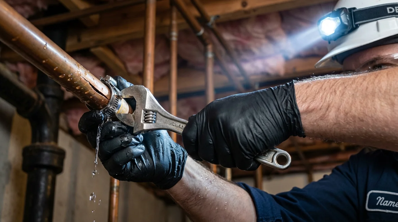 Emergency pipe clamp repair being performed by a Johns Plumbing LLC plumber in Floral City