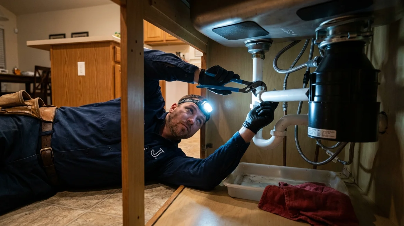P-trap and supply line connections under a kitchen sink showing a common leak point in Floral City, FL